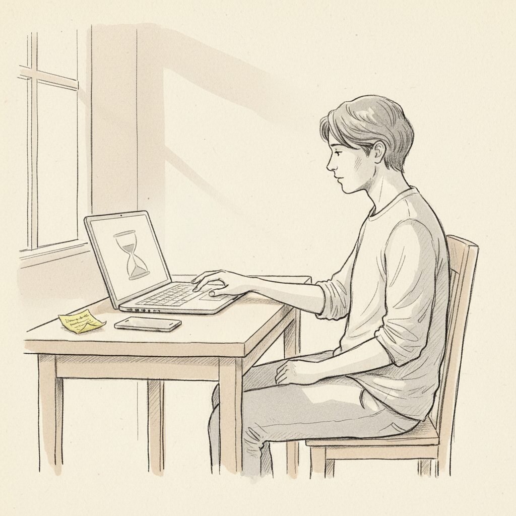 A person pauses with a hand above a laptop as a delay screen suggests friction that interrupts impulsive distraction.