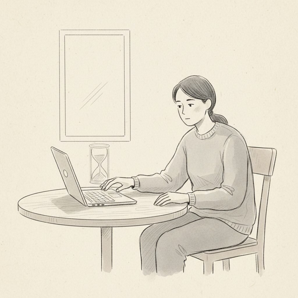 A person reaching for a device but pausing, with a small barrier suggesting friction that creates a moment of choice.