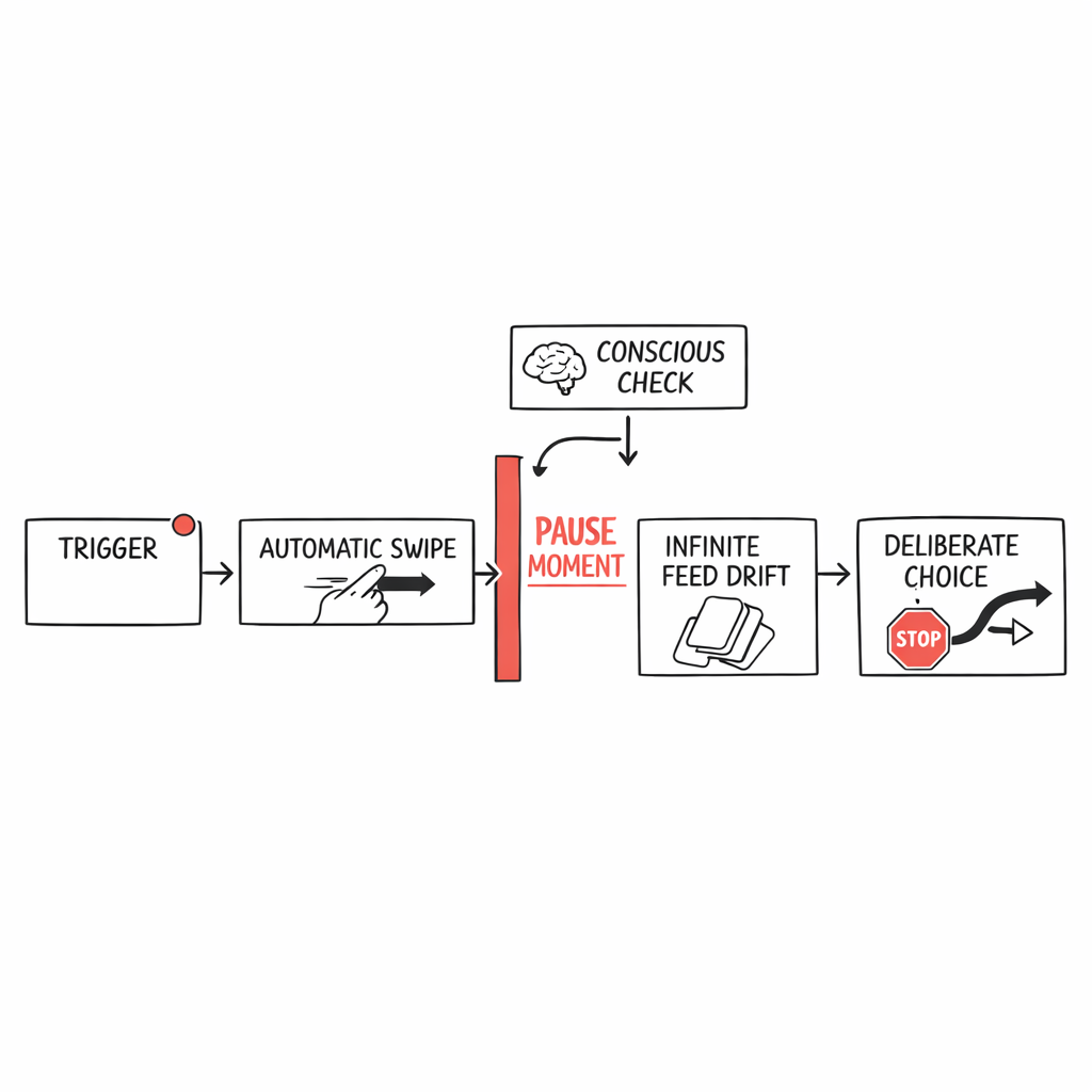 Diagram showing trigger to automatic swipe to drift, with a pause moment enabling a conscious check and deliberate choice.