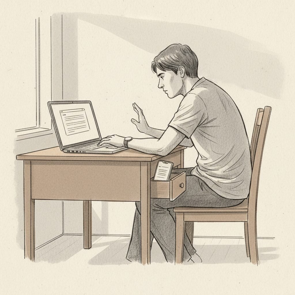 A person begins an email while placing their phone into a drawer, creating distance from distraction.