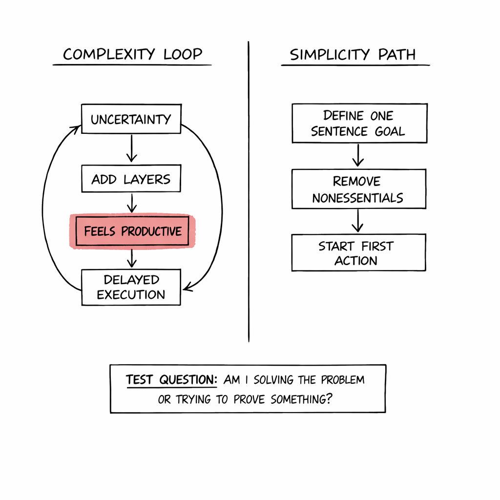 A two-column diagram contrasts a complexity loop with a simplicity path that leads to starting the first action.
