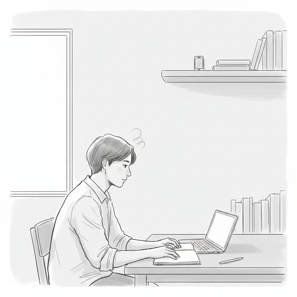 A person sits at a desk facing a notebook while their phone rests far away, showing quiet effort to focus.