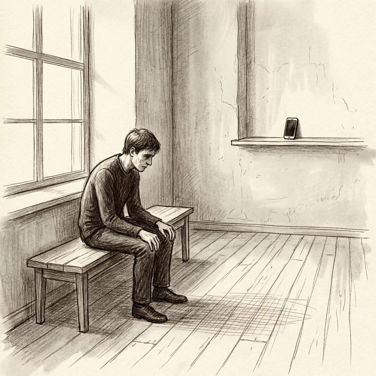 Sketch of a person sitting quietly on a bench while a phone sits far away on a shelf.