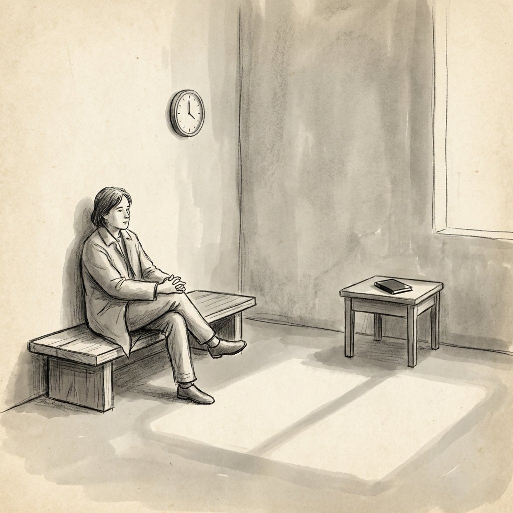 A person sits on a bench while a phone lies face down on a table several feet away in a quiet sparse room.