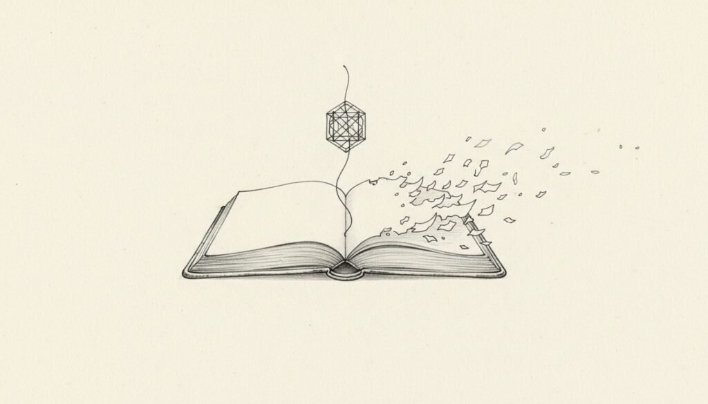 An open book with pages fading into blank space while a small ink lattice hovers above the spine.