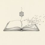 An open book with pages fading into blank space while a small ink lattice hovers above the spine.