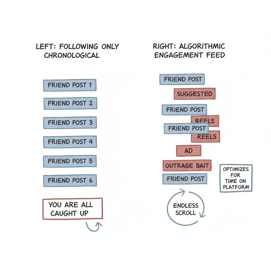 A two-column diagram comparing a chronological following feed with an algorithmic endless feed of suggested posts and ads.