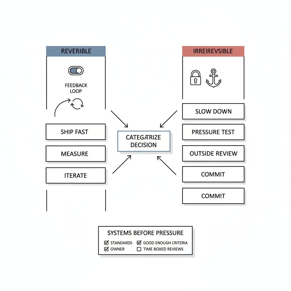 A two-lane diagram showing reversible decisions moving fast with iteration and irreversible decisions slowing down for review.