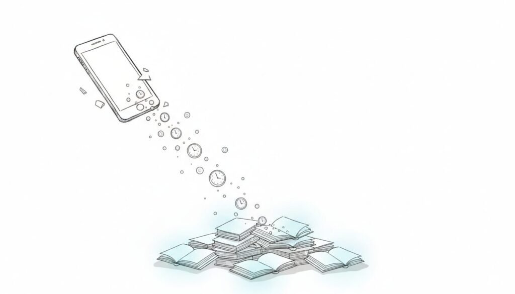 A smartphone dissolves into a stream of clock faces that reform into a stack of glowing open books below.