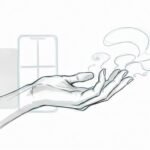 A minimal sketch of a hand with abstract swirls drifting from the fingers against a sparse background.