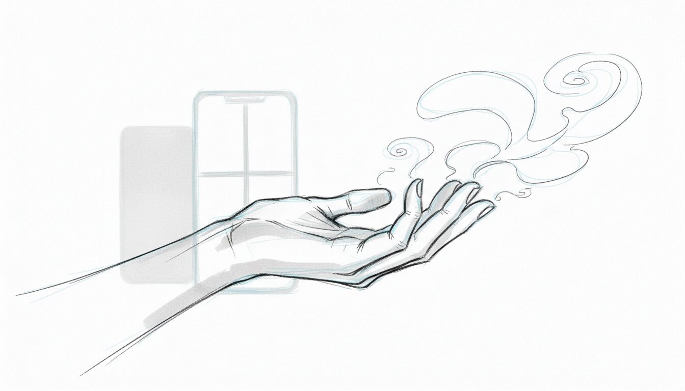 A minimal sketch of a hand with abstract swirls drifting from the fingers against a sparse background.