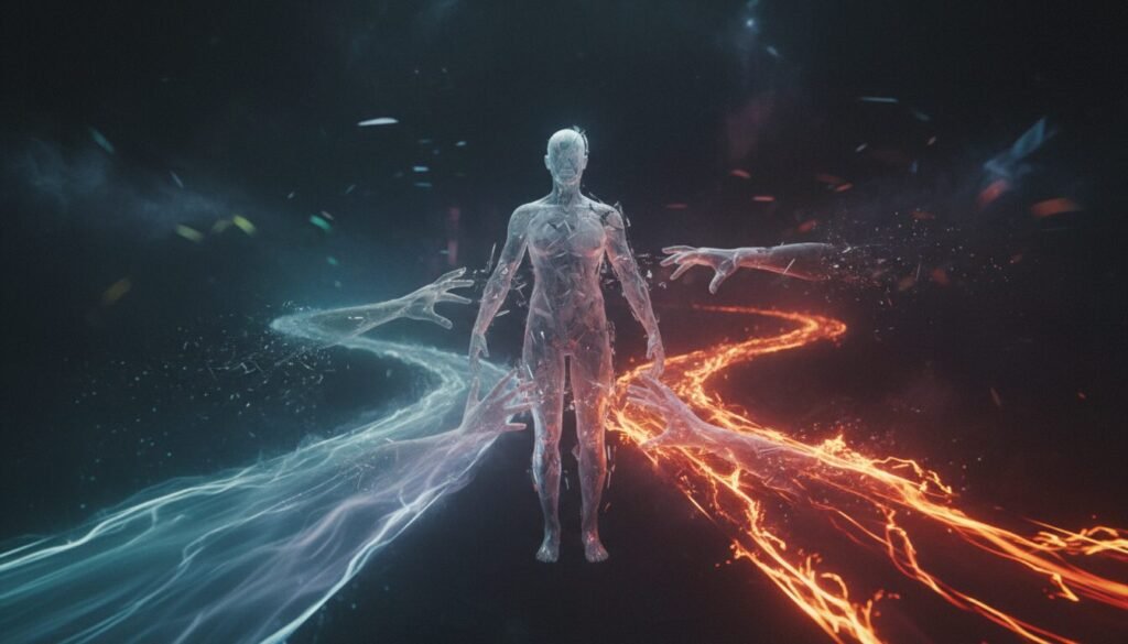 Editorial photo showing a translucent figure at the crossroads of impulse and intention, symbolizing the self-discipline struggle