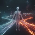 Editorial photo showing a translucent figure at the crossroads of impulse and intention, symbolizing the self-discipline struggle