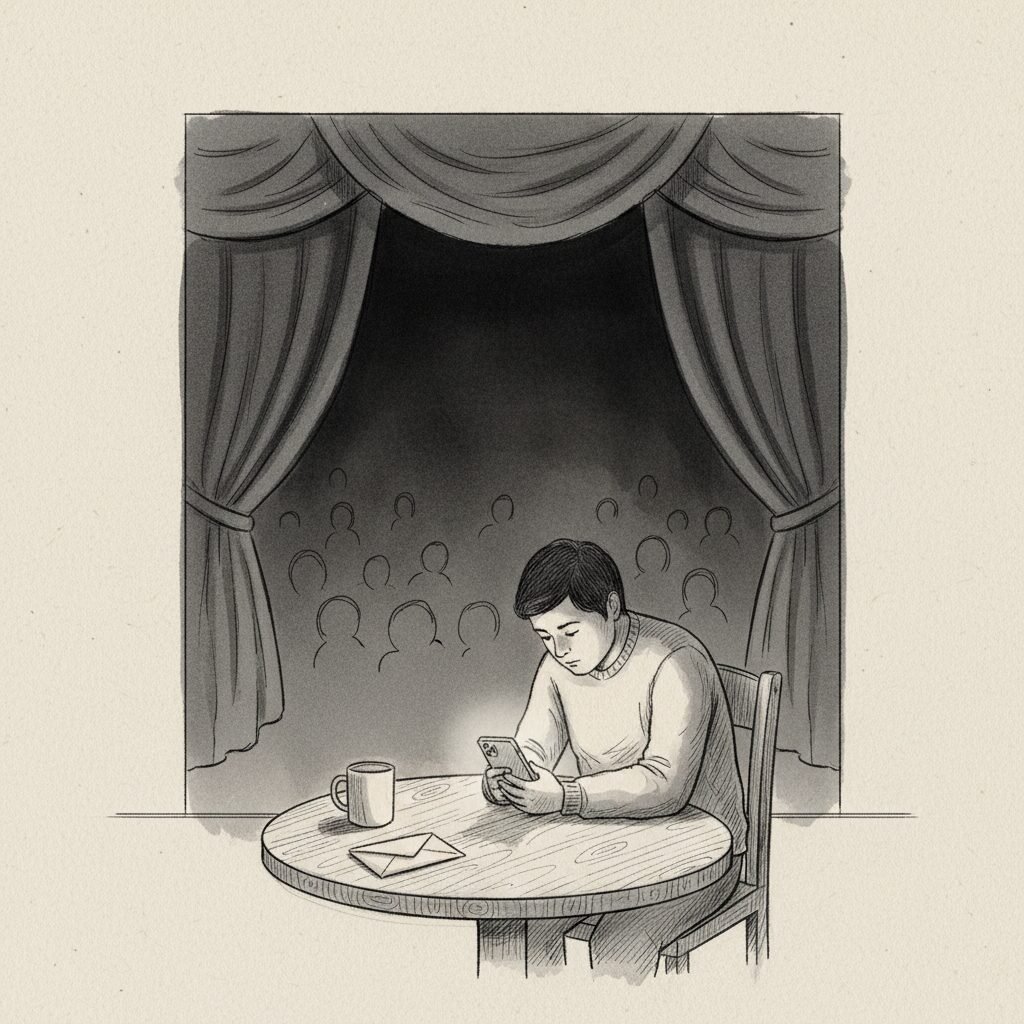Sketch of a person alone with a phone, framed by a faint stage-and-audience shadow suggesting performance pressure.