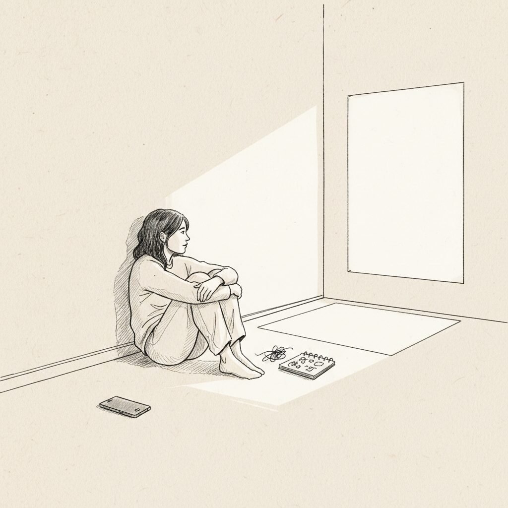 A person sits against a wall, phone set aside, looking toward window light with a notebook nearby.