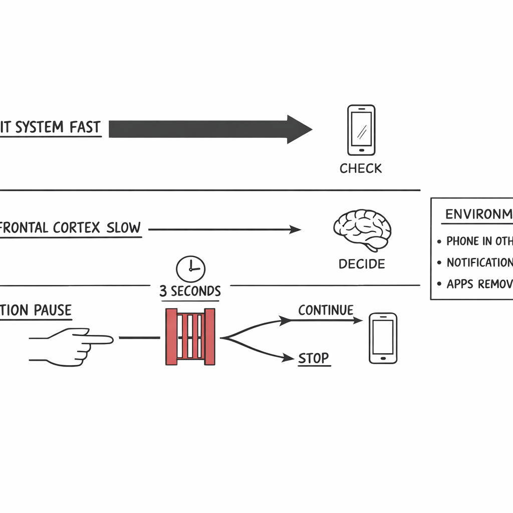A diagram showing fast habit impulses, slower conscious decisions, and a friction pause that enables a choice to continue or stop.
