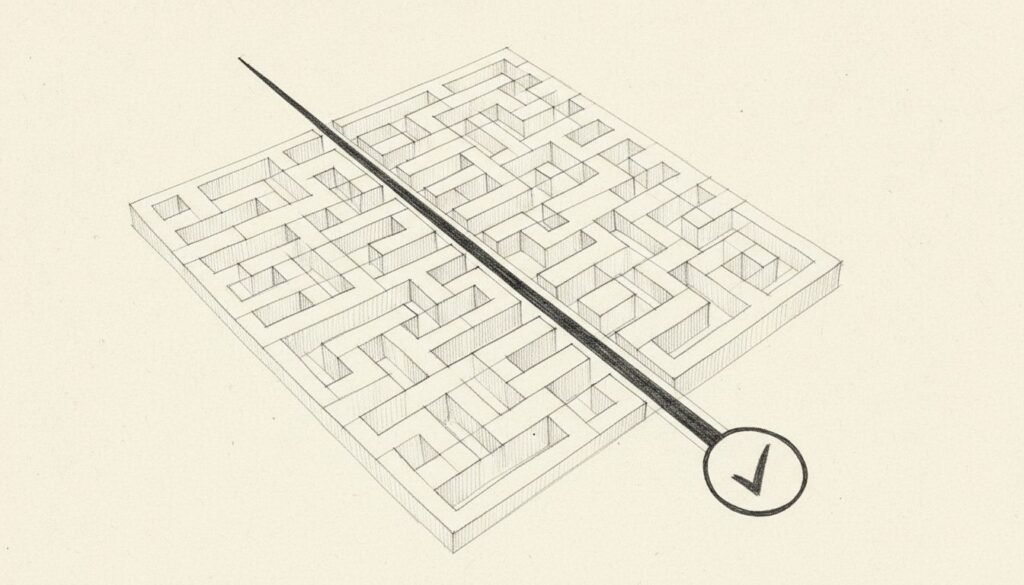 A faint intricate maze with one bold straight path leading to a simple circled checkmark.