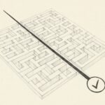 A faint intricate maze with one bold straight path leading to a simple circled checkmark.