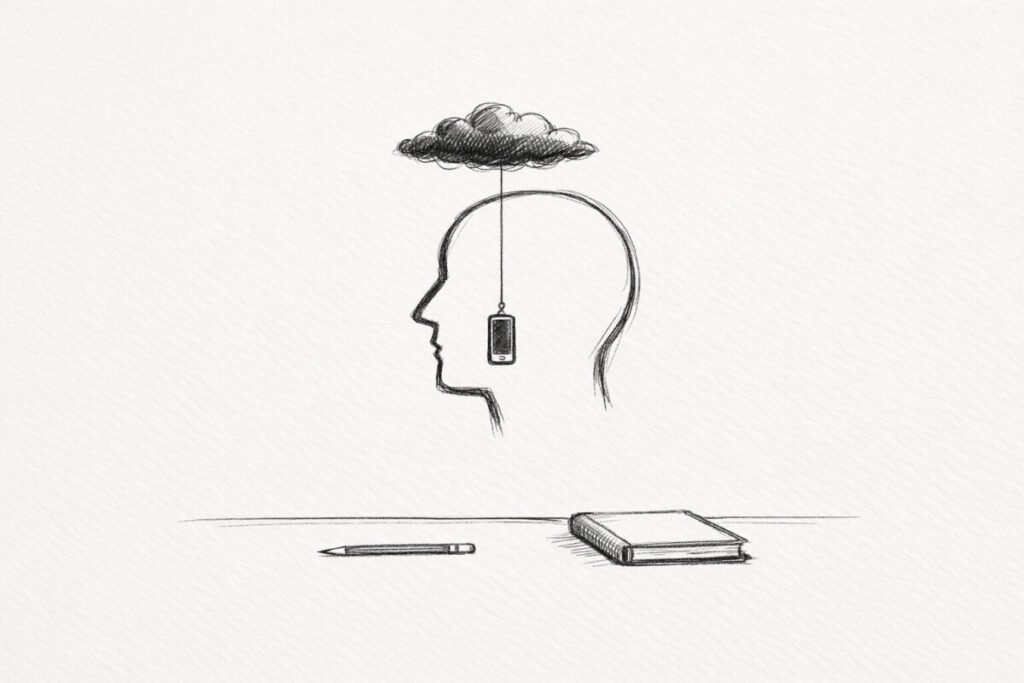 A storm cloud above a head dangles a phone lure while a blank notebook sits untouched on a desk.