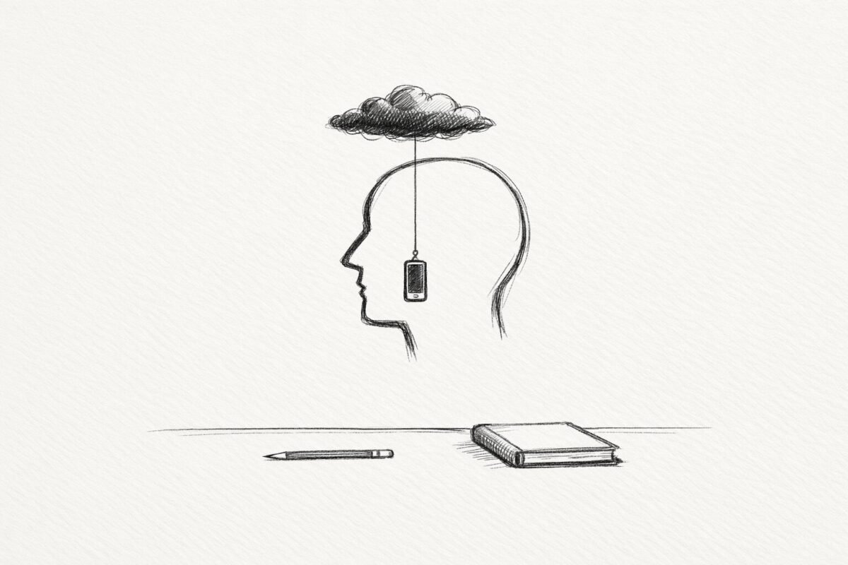 A storm cloud above a head dangles a phone lure while a blank notebook sits untouched on a desk.