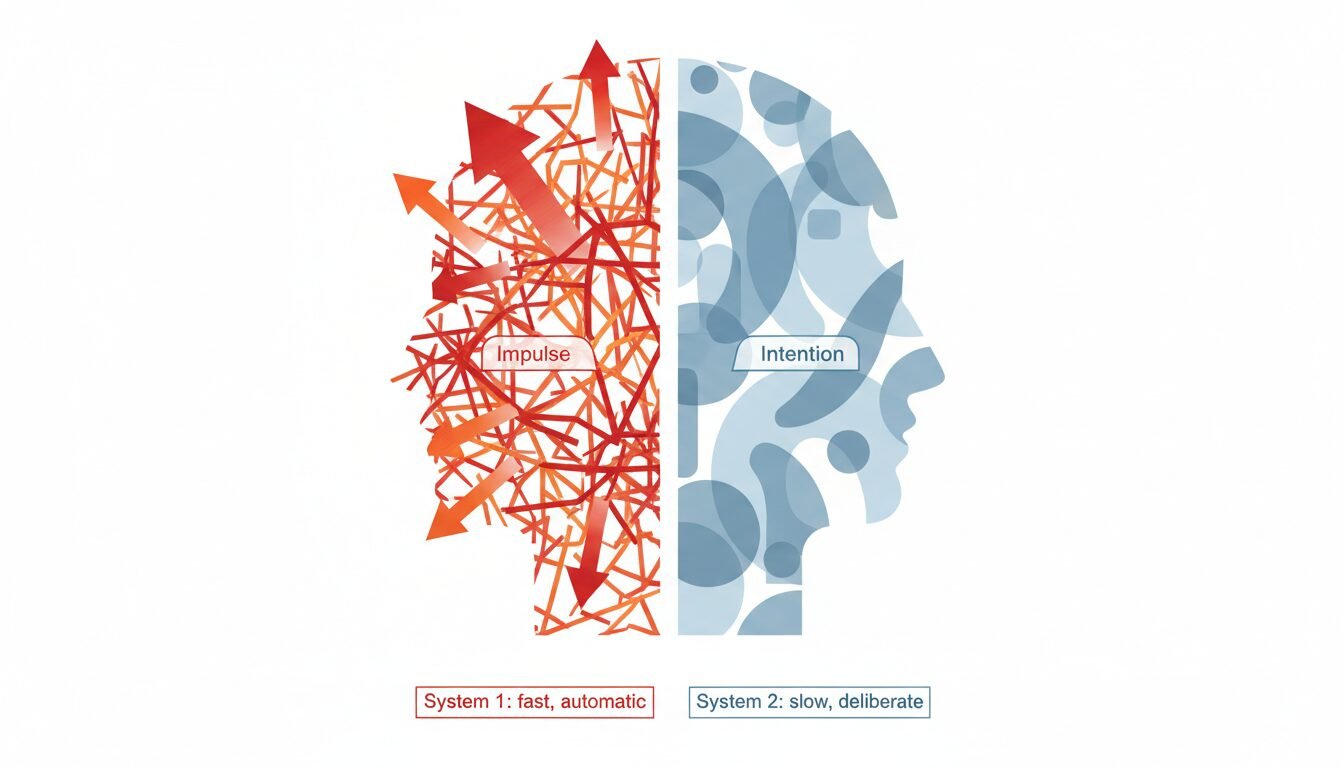 Editorial diagram contrasting brain's automatic impulses vs deliberate thinking, illustrating dual systems