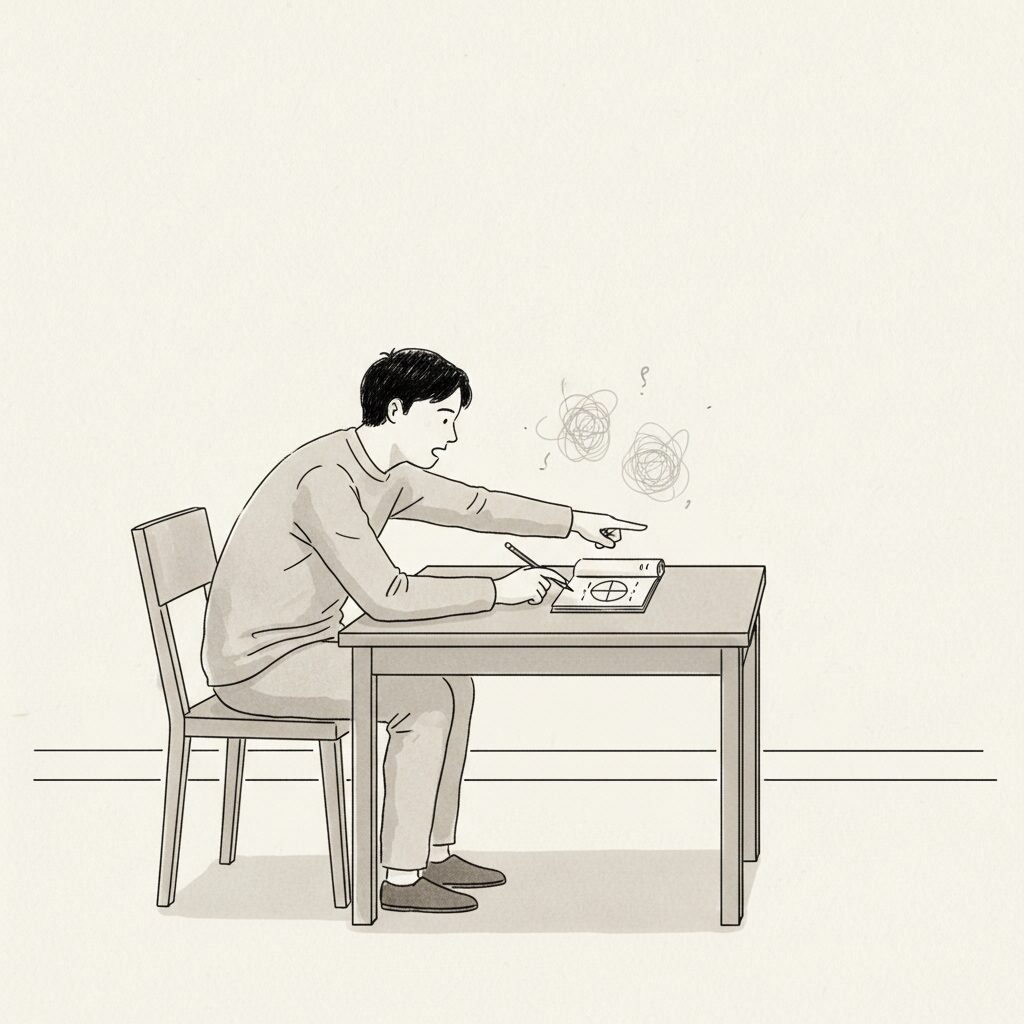 A person leans over a notepad, speaking and pointing as confusion marks give way to a clearer sketch.