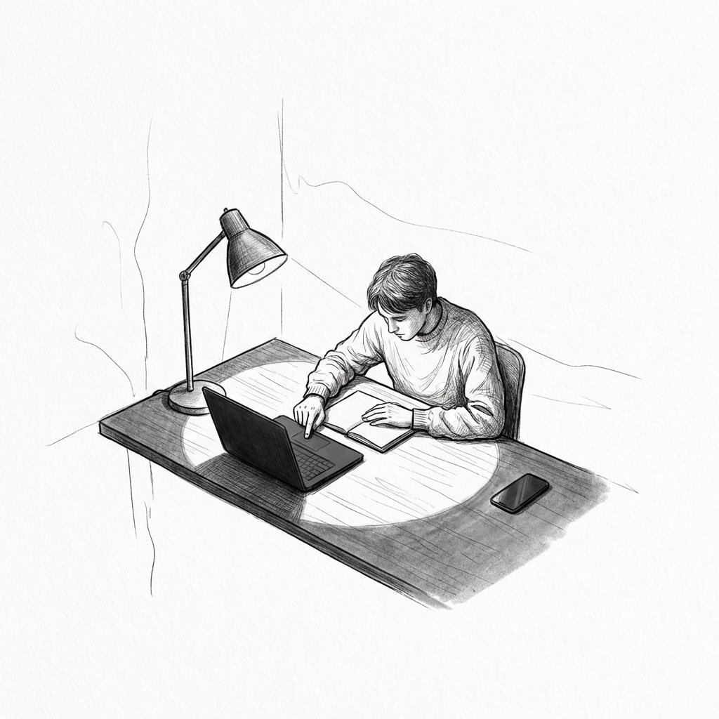 A person leans forward to turn on a laptop while a phone sits face down farther away.