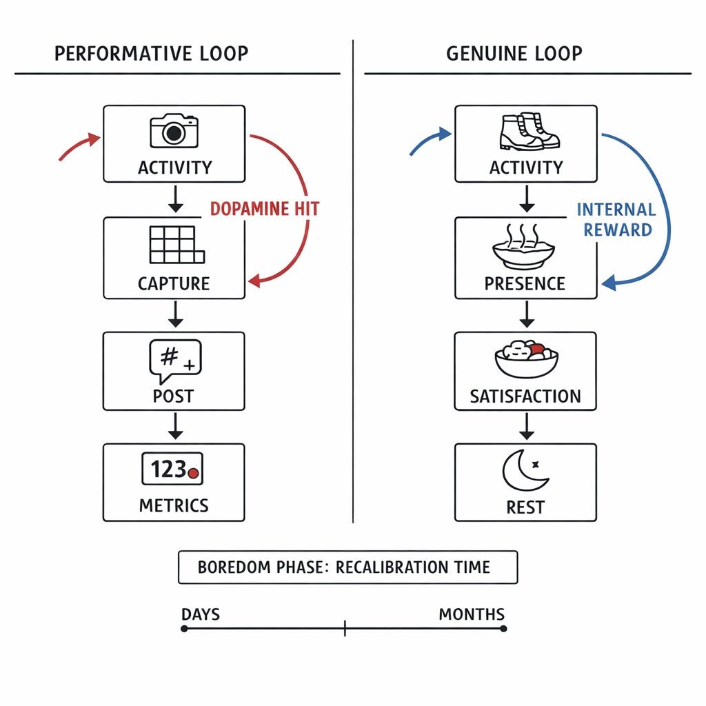 Diagram comparing a performative metrics loop with a genuine internal reward loop and a boredom recalibration phase.