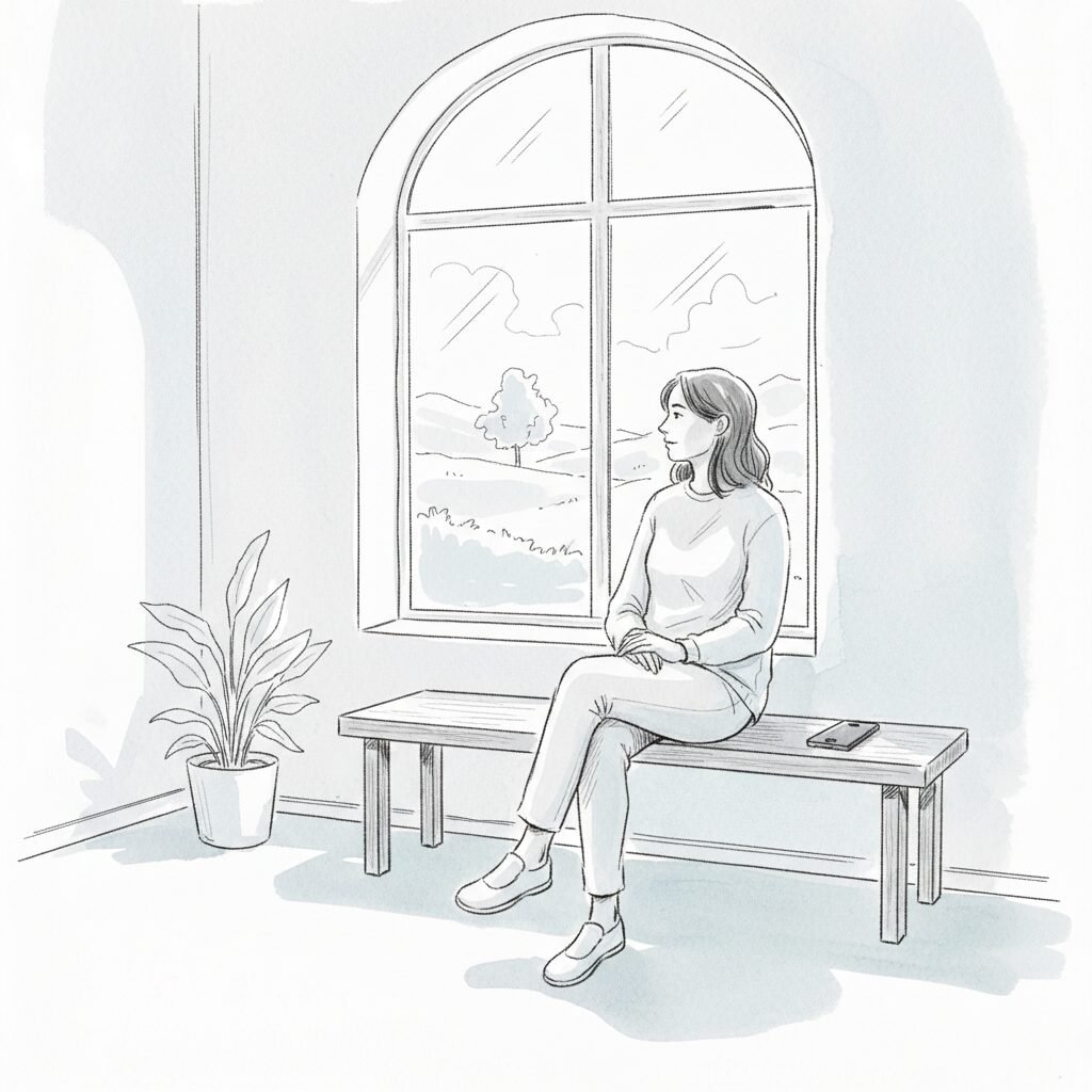 A person sits on a bench by a window, looking out calmly, with a phone resting unused beside them.